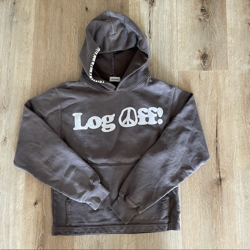 Madhappy “Log Off” hoodie in grey/taupe with front kangaroo pocket